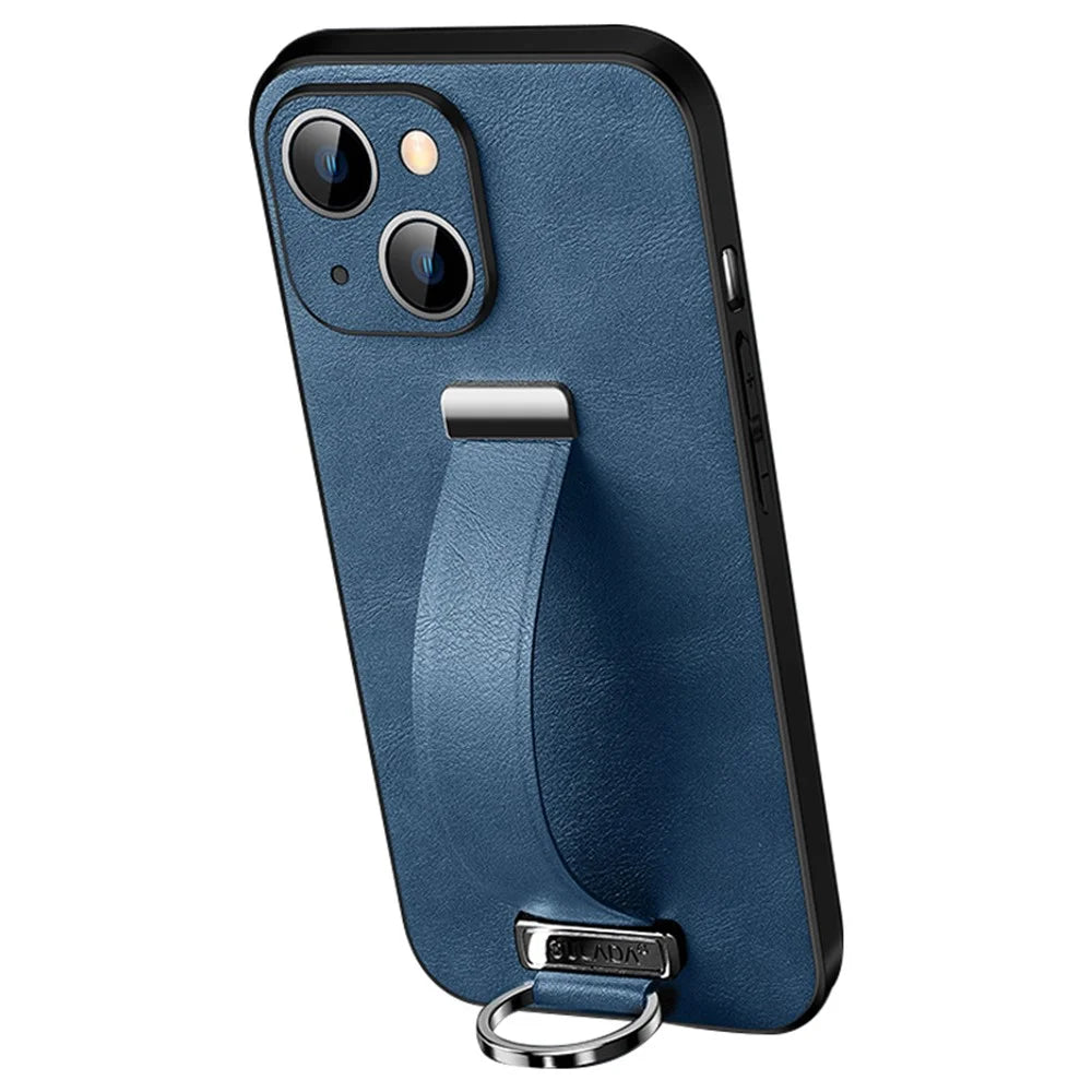 SULADA Fashion Series Kickstand Phone Case for iPhone 15 Plus Case Crazy Horse Texture PU+PC+TPU Phone Shell - Blue - 1