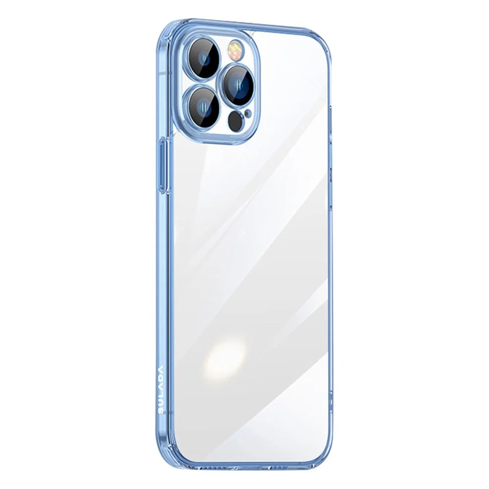 SULADA Crystal Steel Series for iPhone 15 Pro Shockproof Clear Case TPU+Tempered Glass Slim Phone Cover - Transparent Blue - 1