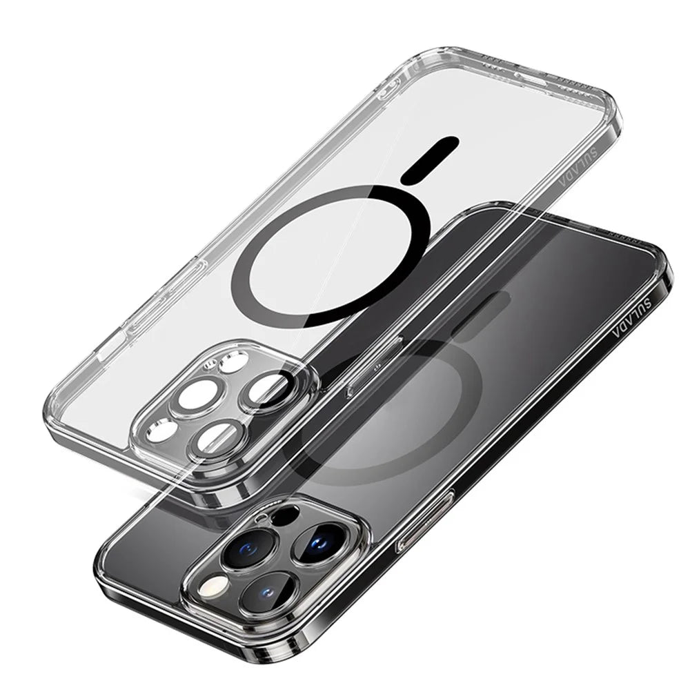 SULADA for iPhone 15 Pro Max TPU+PC Case Compatible with MagSafe Phone Cover with Lens Film - Transparent Black - 1