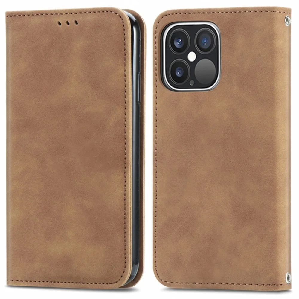 For iPhone 15 Retro Skin-touch PU Leather Card Holder Cover Anti-drop Stand Phone Case - Brown - 1