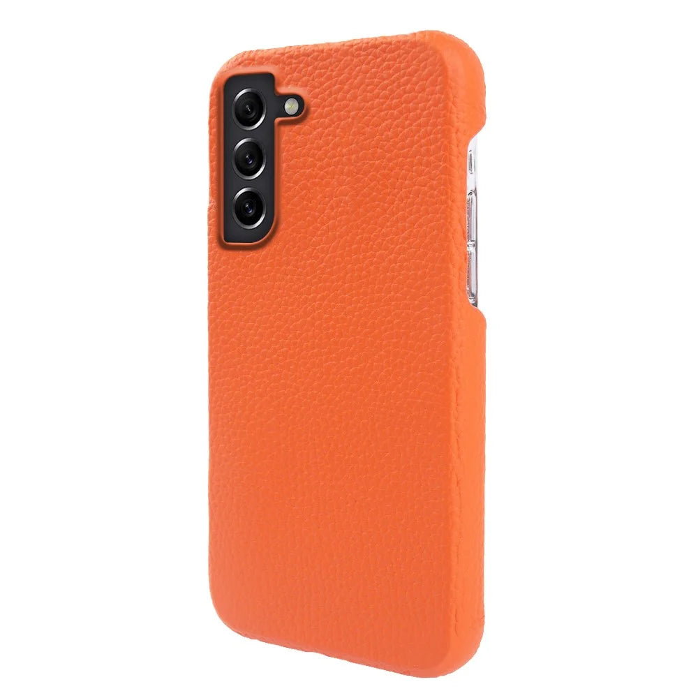For Samsung Galaxy S21 4G / 5G Magnetic Phone Case Microfiber Lining Genuine Cow Leather Coated PC Shockproof Shell - Orange - 2