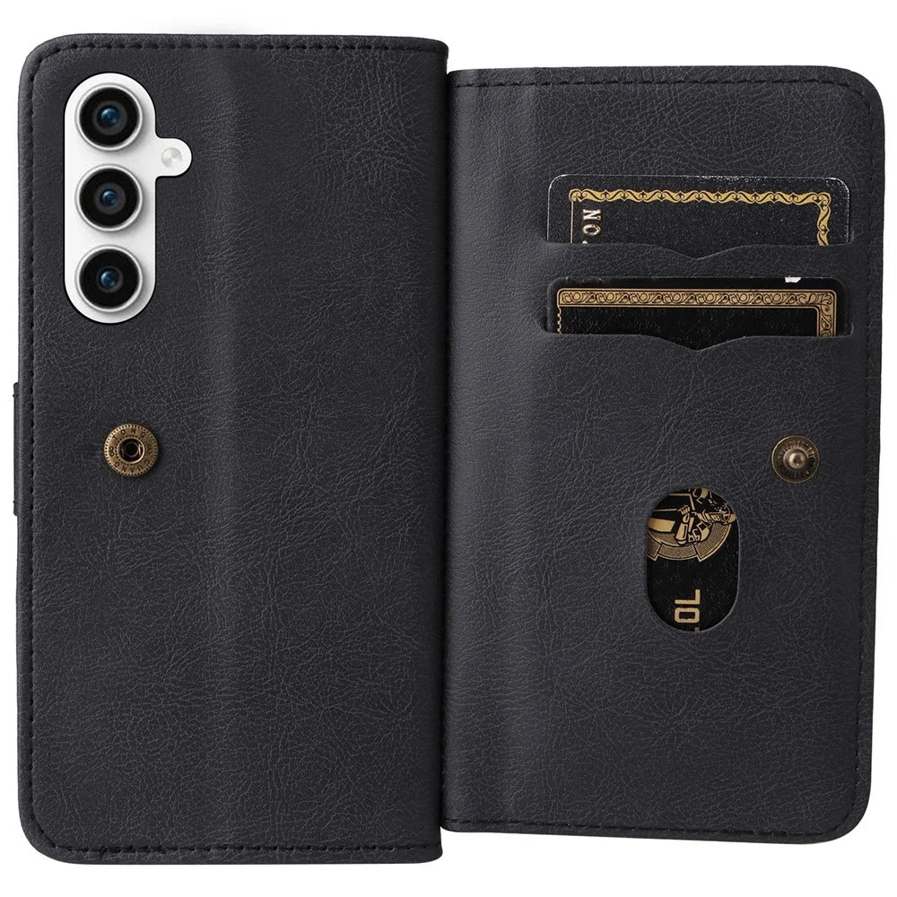 For Samsung Galaxy S23 FE Leather Case with 10 Card Holder Phone Cover Stand - Black - 5