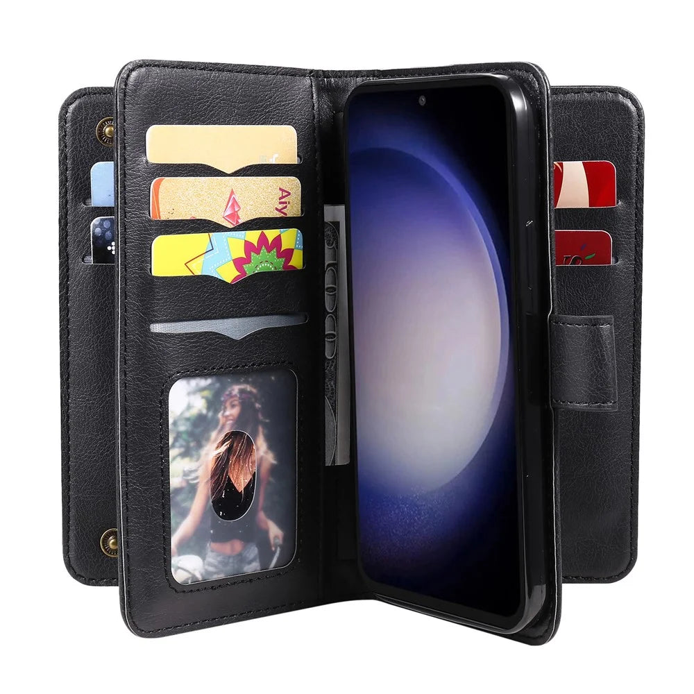 For Samsung Galaxy S23 FE Leather Case with 10 Card Holder Phone Cover Stand - Black - 6