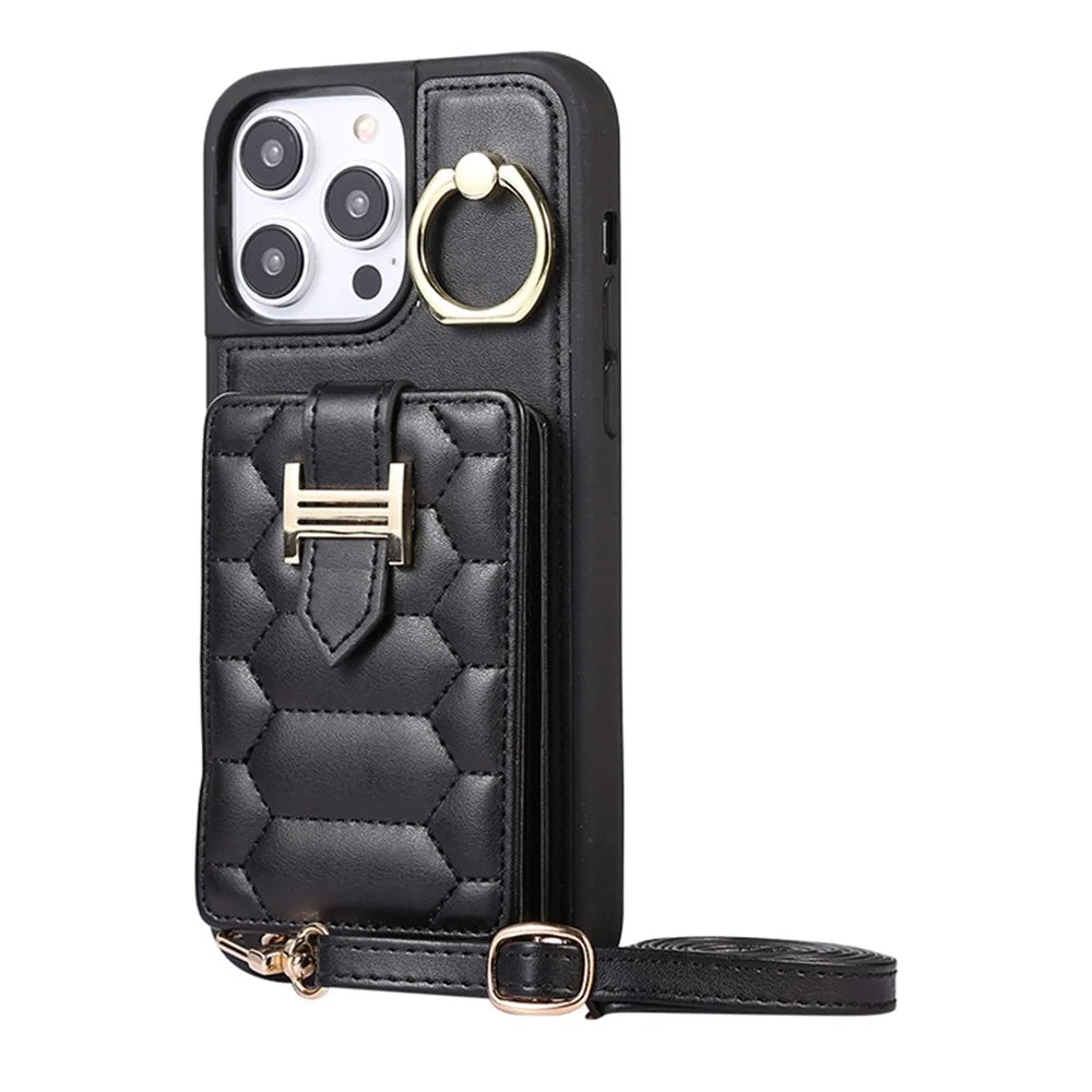 Cell Phone Shell for iPhone 15 Plus Ring Holder Kickstand PU Leather+TPU Cover Phone Case with Card Holder - Black - 1