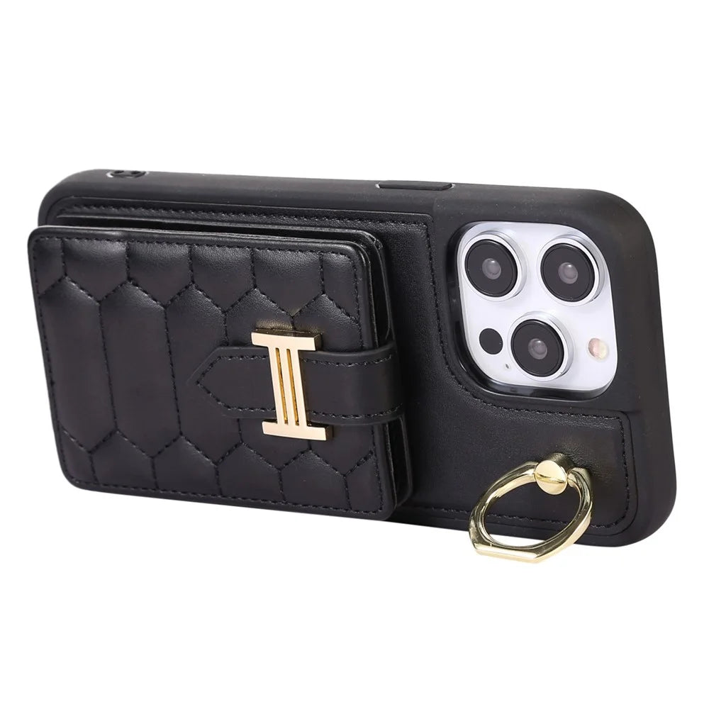 Cell Phone Shell for iPhone 15 Plus Ring Holder Kickstand PU Leather+TPU Cover Phone Case with Card Holder - Black - 4