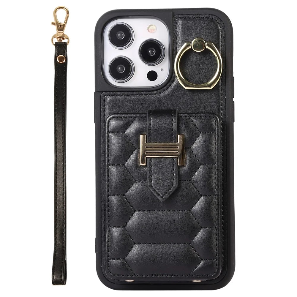 Cell Phone Shell for iPhone 15 Plus Ring Holder Kickstand PU Leather+TPU Cover Phone Case with Card Holder - Black - 6