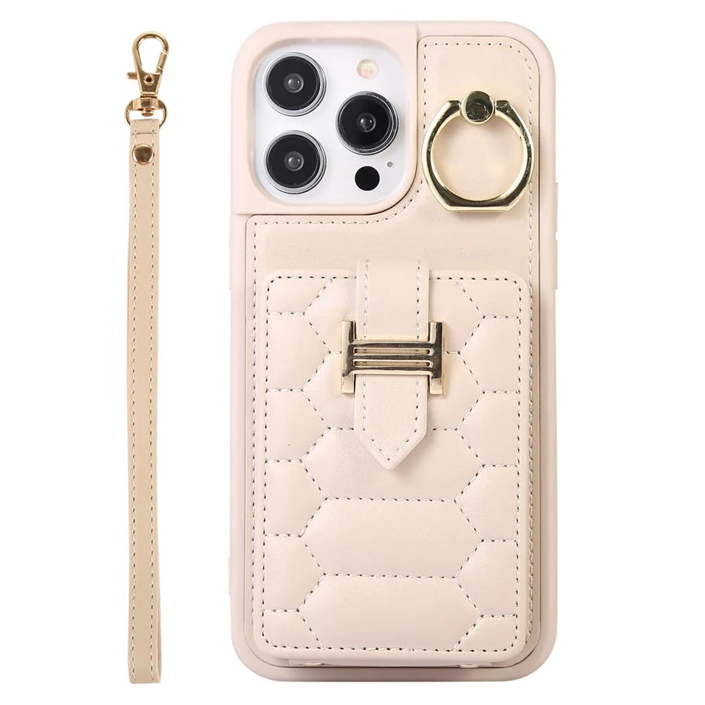 For iPhone 15 Kickstand Phone Cover Case Slim-Fit PU Leather+TPU Card Holder Cell Phone Shell - Beige - 6