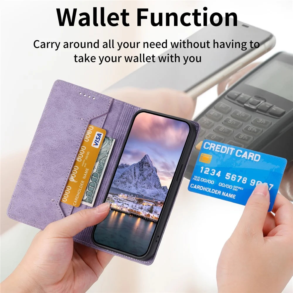DF-05 For iPhone 15 PU Leather Smartphone Case RFID Blocking Phone Stand Cover Wallet - Purple - 5