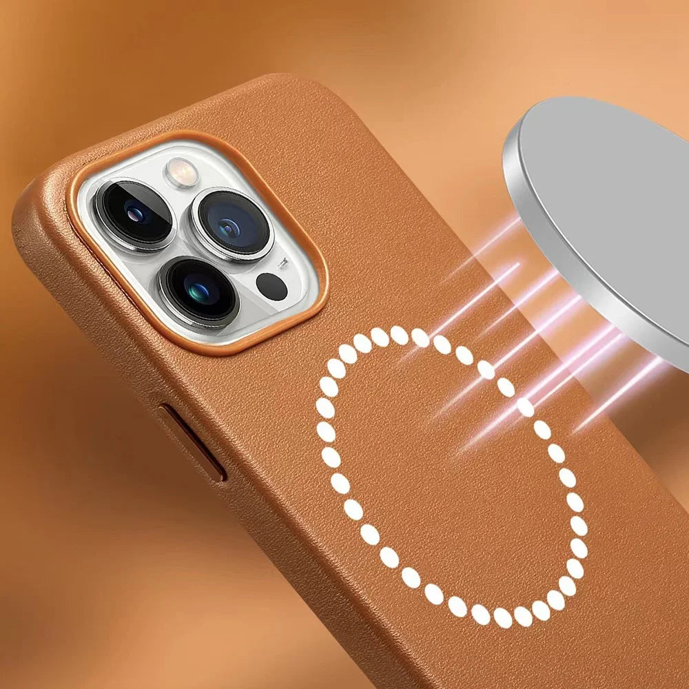 Anti-Drop Phone Cover for iPhone 15 Pro Magnetic PU+PC Phone Case Compatible with MagSafe Charger - Brown - 6