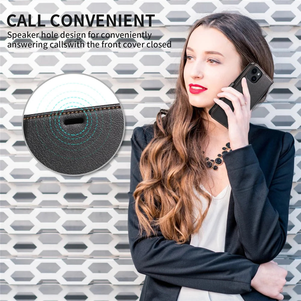 001 For iPhone 15 RFID Blocking Wallet Magnetic Closure Phone Case PU Leather Stand Cover - Black - 7