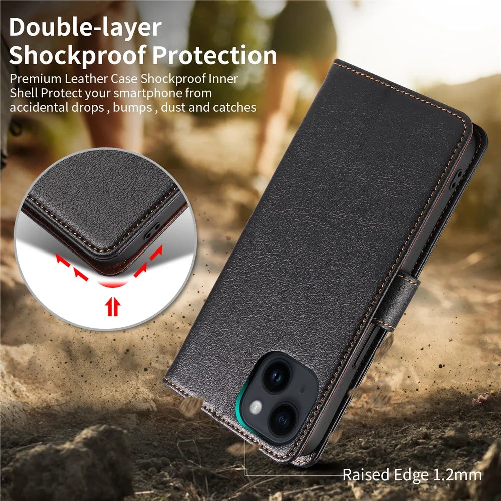 001 For iPhone 15 Pro Max Magnetic Closure Phone Case RFID Blocking Wallet  PU Leather Stand Cover - Black - 6