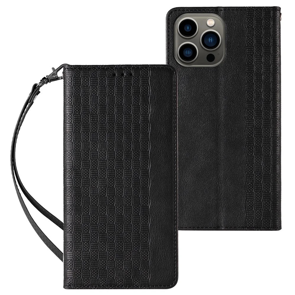 For iPhone 15 Pro Max Magnetic Closing Imprinted Anti-fall Cover Leather Wallet Stand Phone Case with Strap - Black - 1