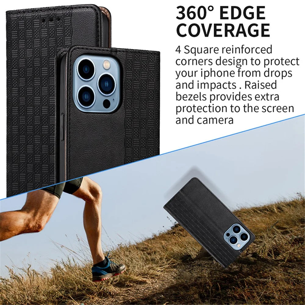 For iPhone 15 Pro Max Magnetic Closing Imprinted Anti-fall Cover Leather Wallet Stand Phone Case with Strap - Black - 7