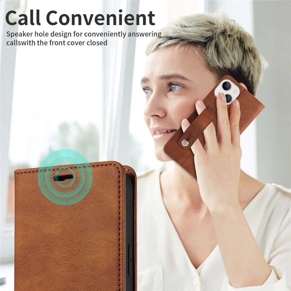 For iPhone 15 Pro Wristband Design PU Leather Phone Case Stand Wallet Cover - Brown - 3