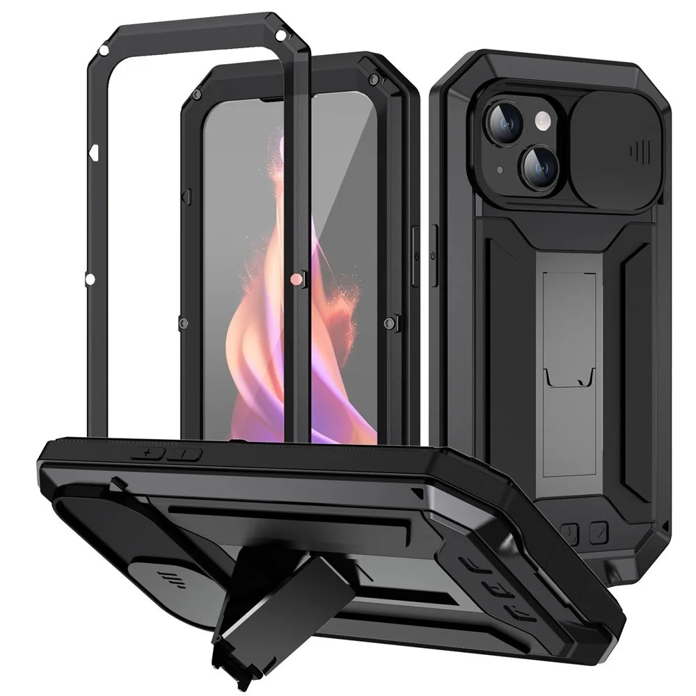 R-JUST For iPhone 15 Plus Slide Camera Lid Kickstand Case Silicone+Metal+Plastic+Tempered Glass Screen Film Anti-drop Cover - Black - 1