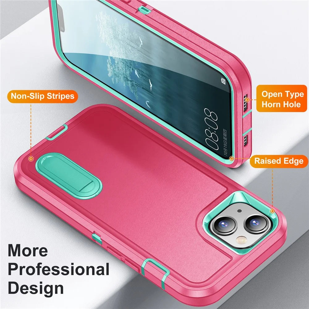 Hard PC+Soft TPU Phone Case for iPhone 15 Shockproof Case Anti-Drop Cell Phone Kickstand Cover - Rose / Cyan - 2