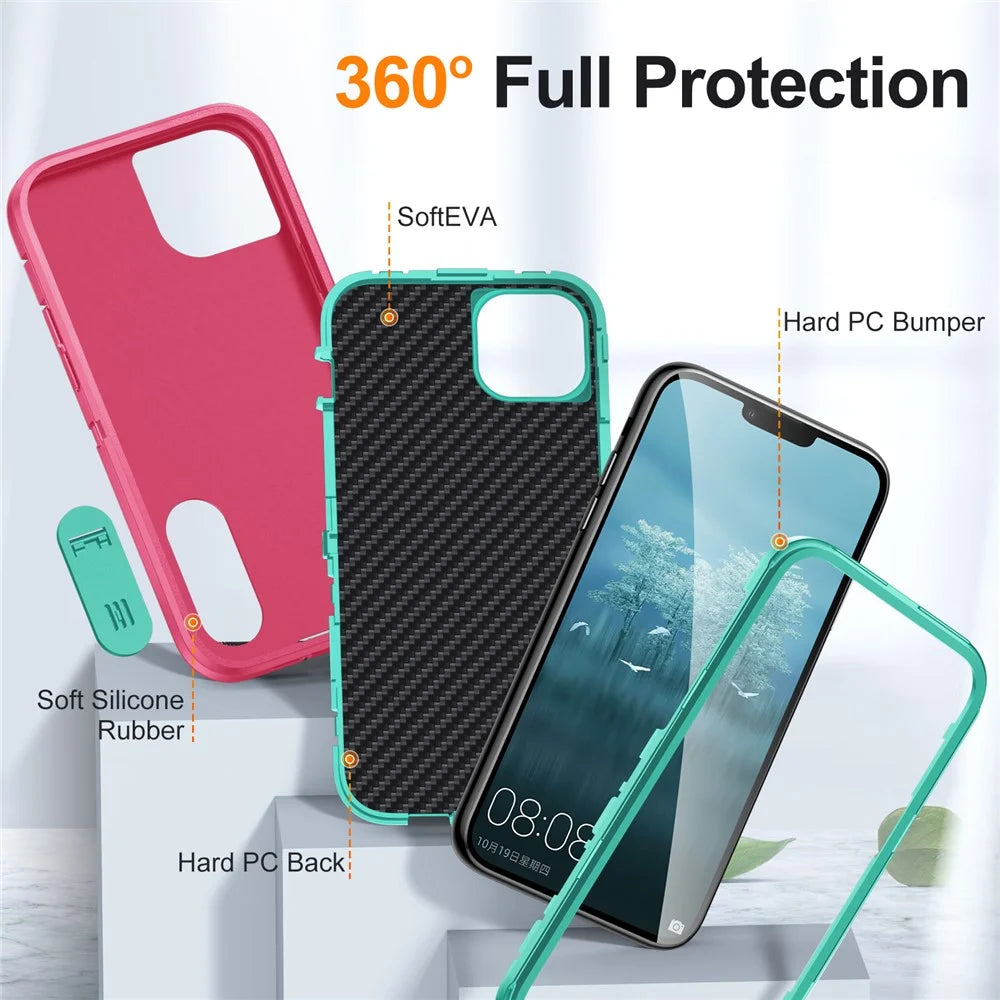 Hard PC+Soft TPU Phone Case for iPhone 15 Shockproof Case Anti-Drop Cell Phone Kickstand Cover - Rose / Cyan - 3