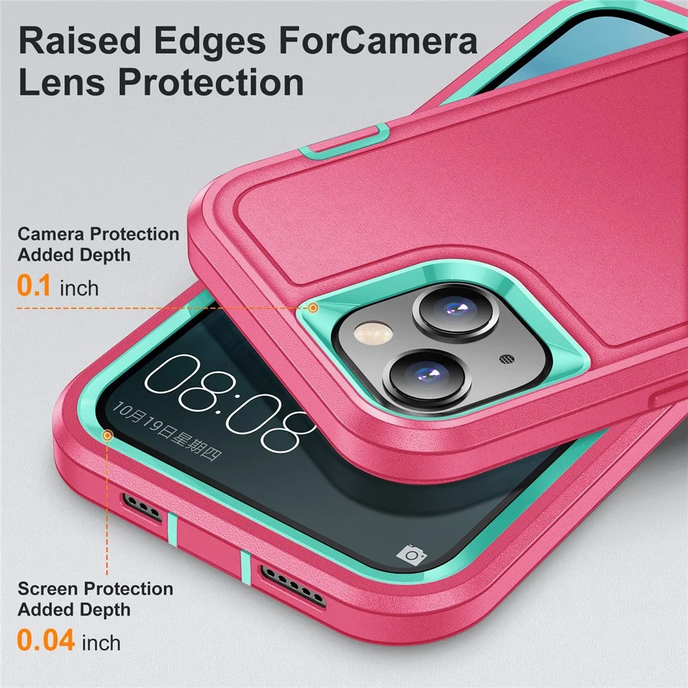 Hard PC+Soft TPU Phone Case for iPhone 15 Shockproof Case Anti-Drop Cell Phone Kickstand Cover - Rose / Cyan - 4