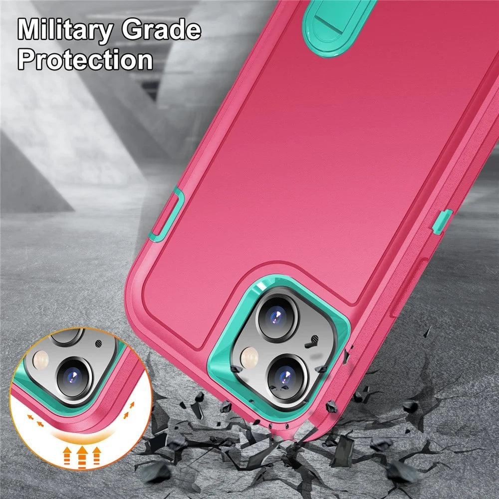 Hard PC+Soft TPU Phone Case for iPhone 15 Shockproof Case Anti-Drop Cell Phone Kickstand Cover - Rose / Cyan - 6