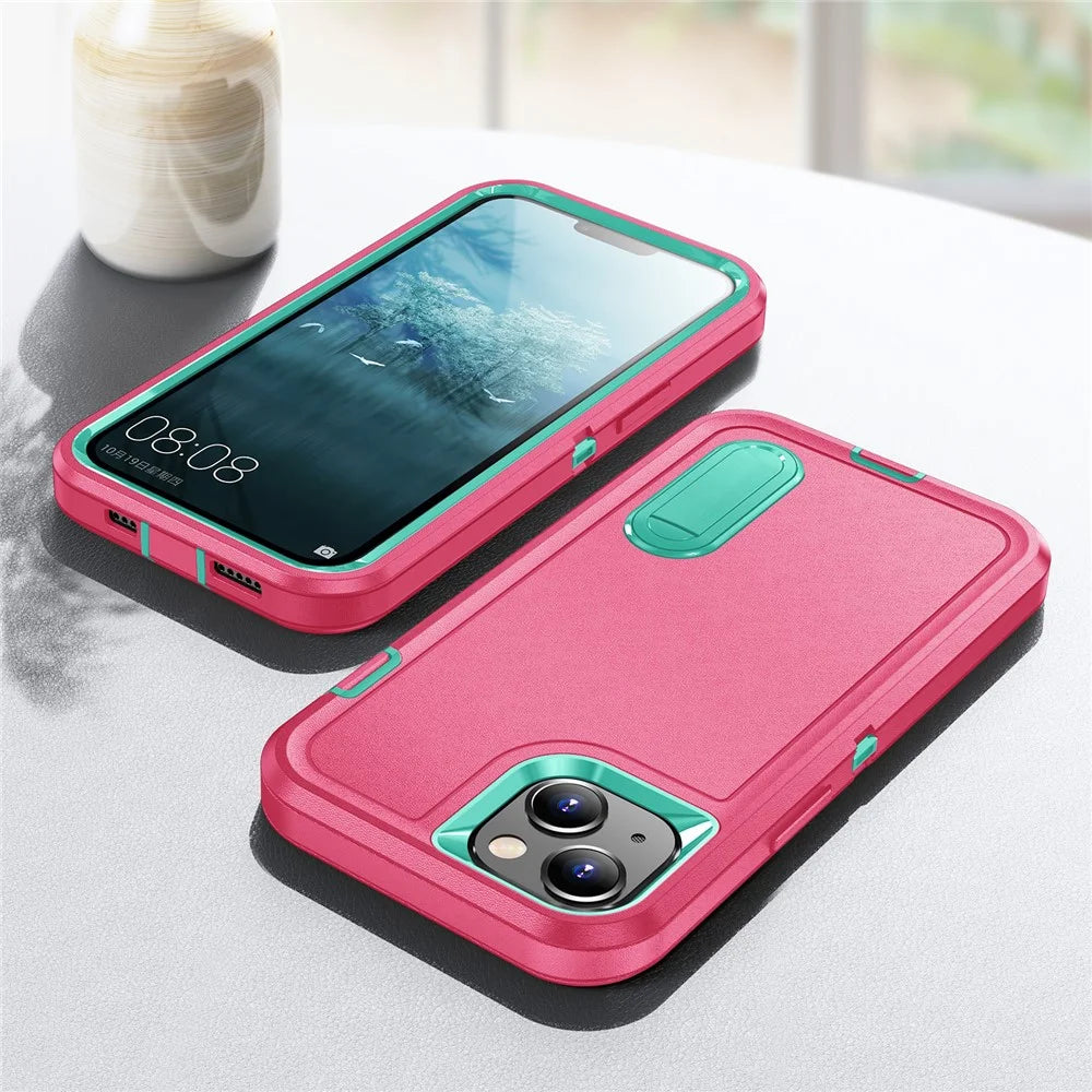Hard PC+Soft TPU Phone Case for iPhone 15 Shockproof Case Anti-Drop Cell Phone Kickstand Cover - Rose / Cyan - 7