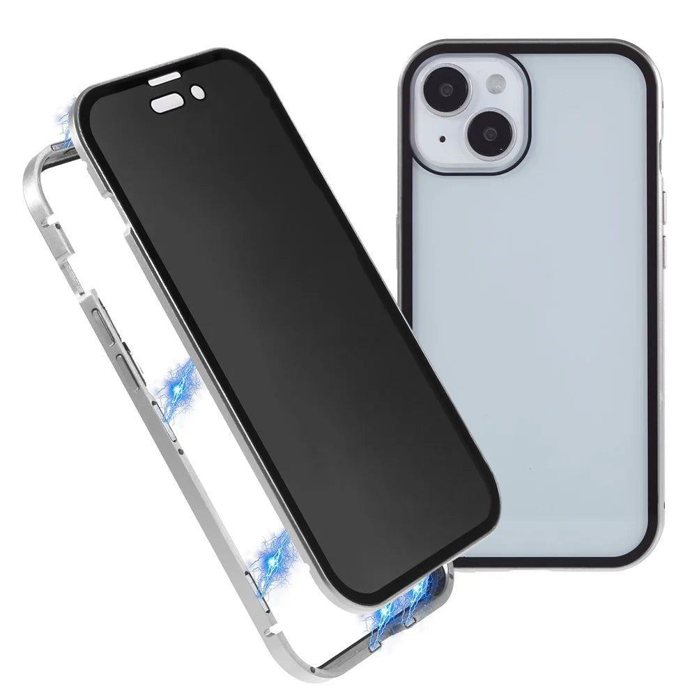 For iPhone 15 Plus Anti-Spy Phone Case Magnetic Adsorption Metal Frame + Double-sided Tempered Glass Shockproof Cover - Silver - 1