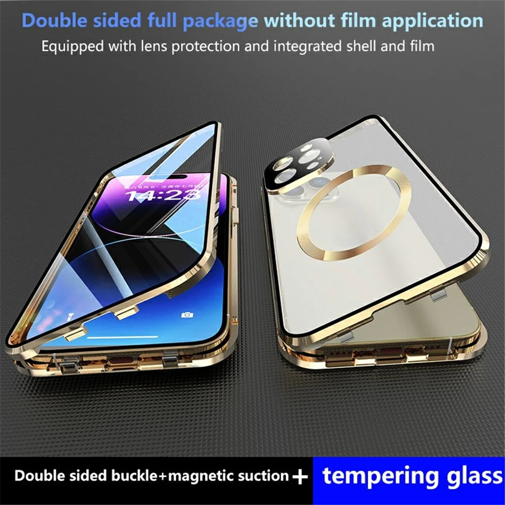 Buckle Lock Phone Cover for iPhone 15 Plus Magnetic Metal Frame + Dual-Sided Tempered Glass Case Compatible with MagSafe - Gold - 5