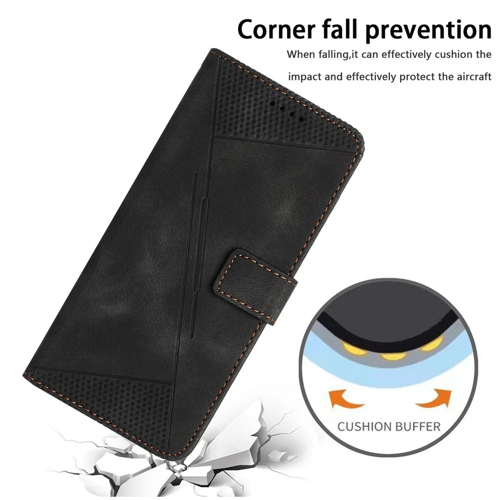 Shockproof PU Leather Case for Sony Xperia 5 IV 5G , Triangle Imprinted Phone Cover Stand Shell Wallet - Black - 7