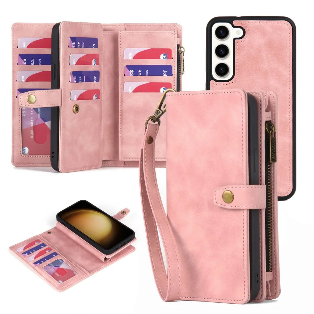 MEGSHI H1 Series For Samsung Galaxy S23+ Detachable 2-in-1 Wallet Leather Case Anti-fall Phone Cover with Wrist Strap - Pink - 1