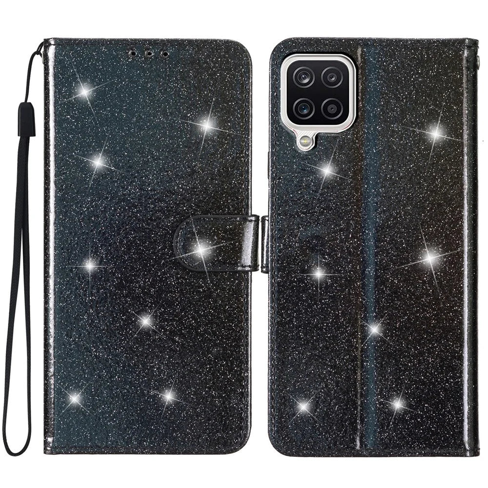 For Samsung Galaxy A22 4G (EU Version) Glittery PU Leather Anti-drop Case Flip Wallet Stand Phone Cover - Black - 1