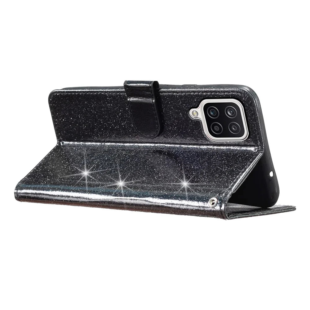 For Samsung Galaxy A22 4G (EU Version) Glittery PU Leather Anti-drop Case Flip Wallet Stand Phone Cover - Black - 3