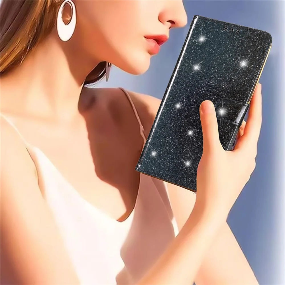 For Samsung Galaxy A22 4G (EU Version) Glittery PU Leather Anti-drop Case Flip Wallet Stand Phone Cover - Black - 5