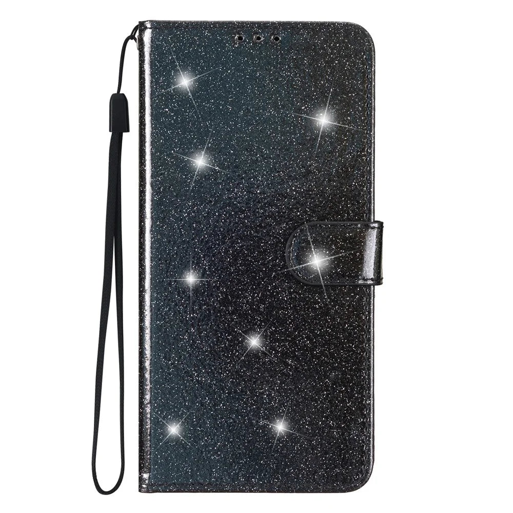 For Samsung Galaxy A22 4G (EU Version) Glittery PU Leather Anti-drop Case Flip Wallet Stand Phone Cover - Black - 6