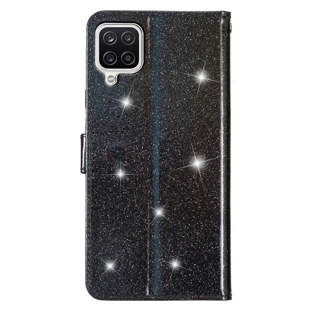 For Samsung Galaxy A22 4G (EU Version) Glittery PU Leather Anti-drop Case Flip Wallet Stand Phone Cover - Black - 7