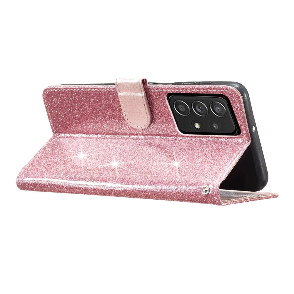 For Samsung Galaxy A73 5G Glittery PU Leather Case Full Protection Wallet Stand Phone Cover - Rose Gold - 3