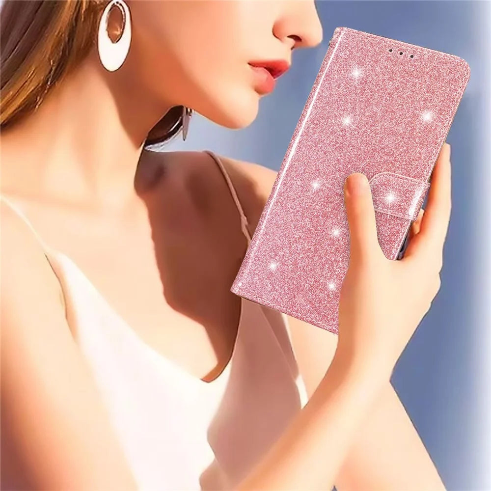 For Samsung Galaxy A73 5G Glittery PU Leather Case Full Protection Wallet Stand Phone Cover - Rose Gold - 5