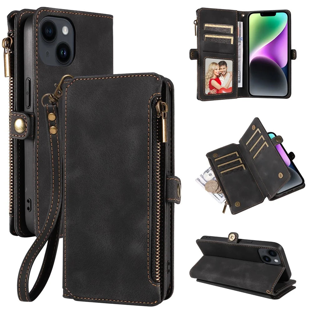 Zipper Pocket Wallet Phone Cover for iPhone 15 Plus , RFID Blocking PU Leather Case with Stand - Black - 1