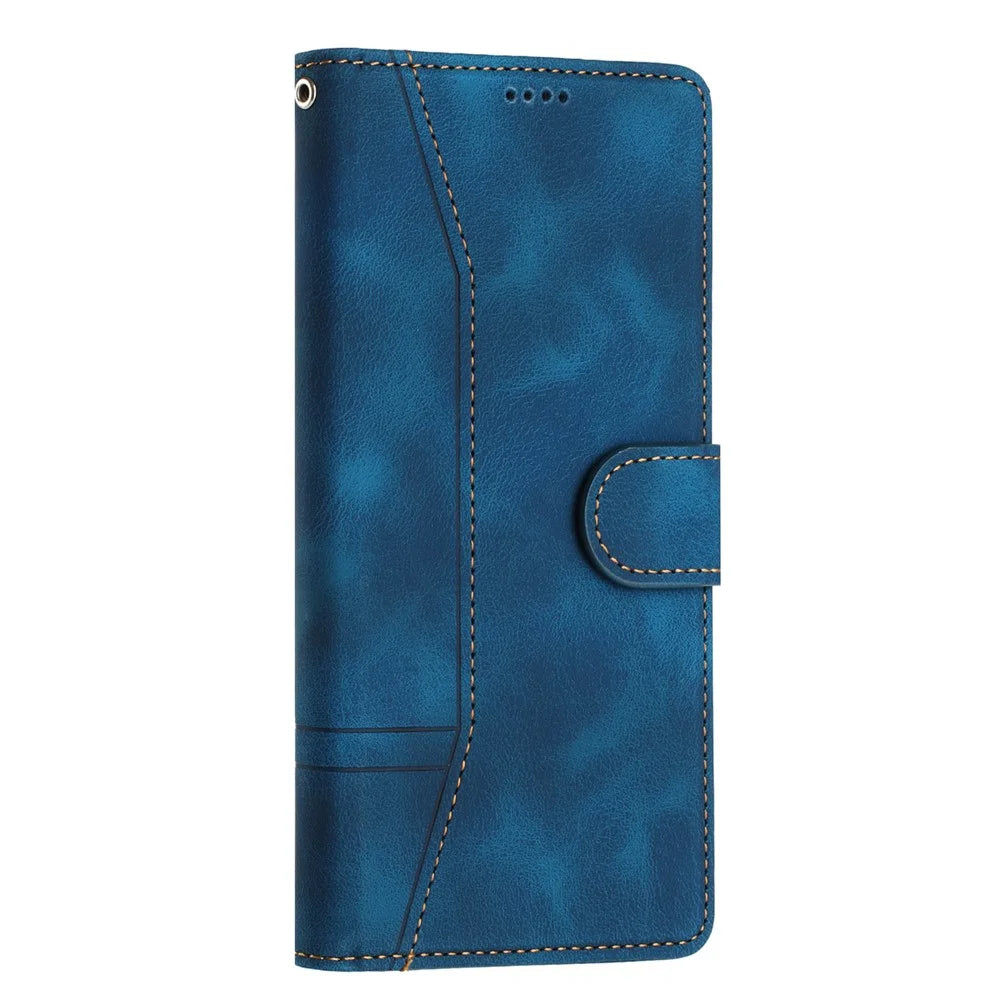L002 For iPhone 13 Pro Max 6.7 inch Leather Wallet Stand Phone Case Shockproof Lines Imprinted Cover - Blue - 5