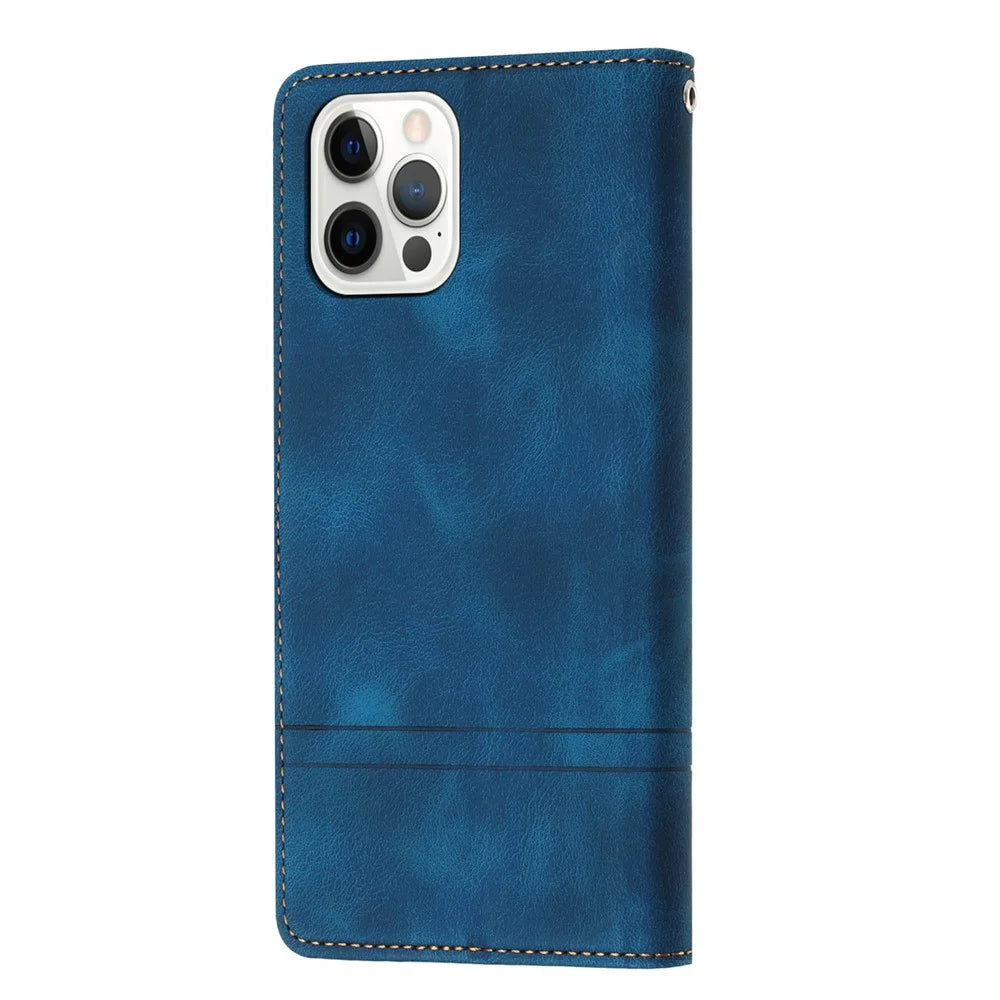 L002 For iPhone 13 Pro Max 6.7 inch Leather Wallet Stand Phone Case Shockproof Lines Imprinted Cover - Blue - 6