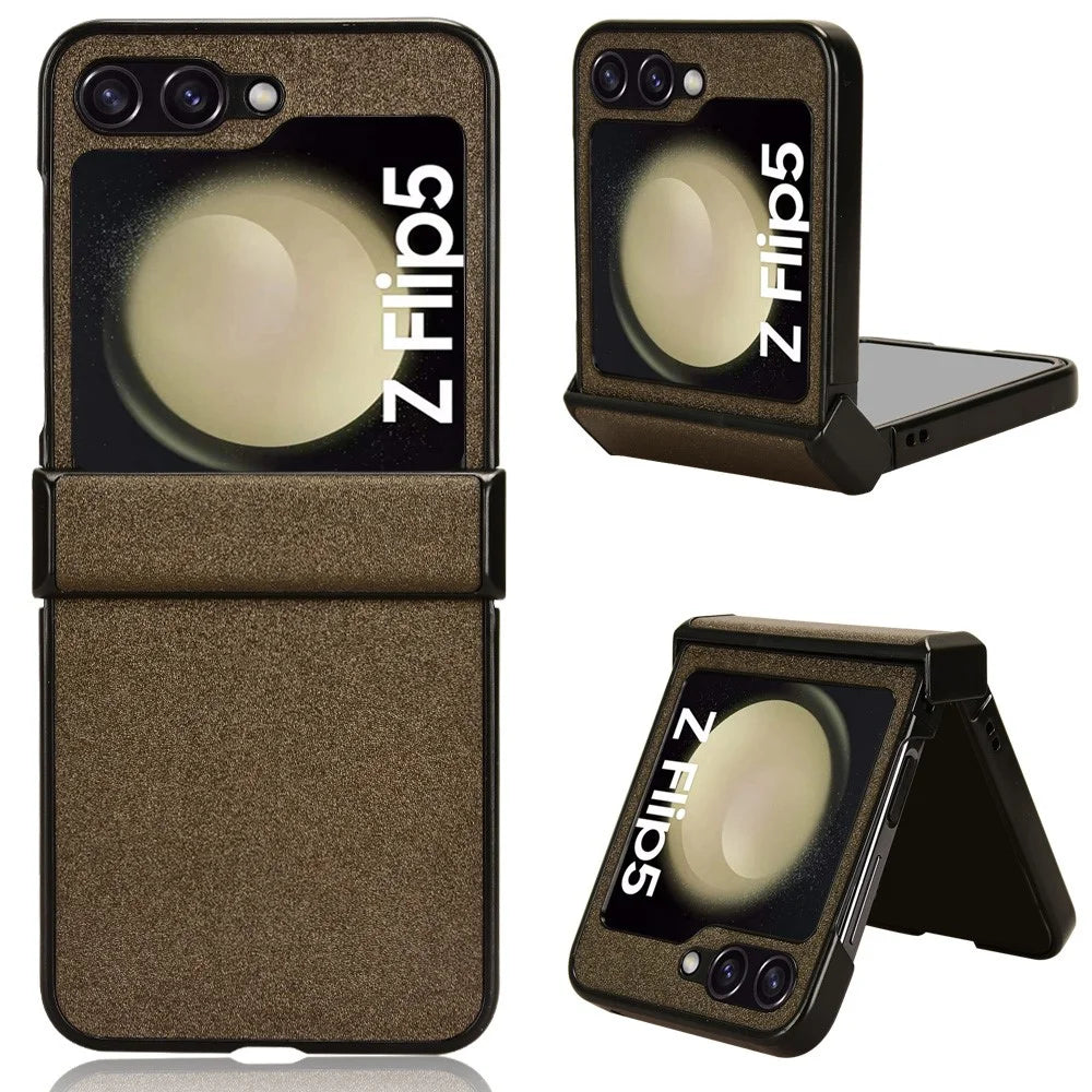 For Samsung Galaxy Z Flip5 5G PU Leather Coated PC Phone Case Hinge Protection Sand-like Texture Cover - Brown - 1