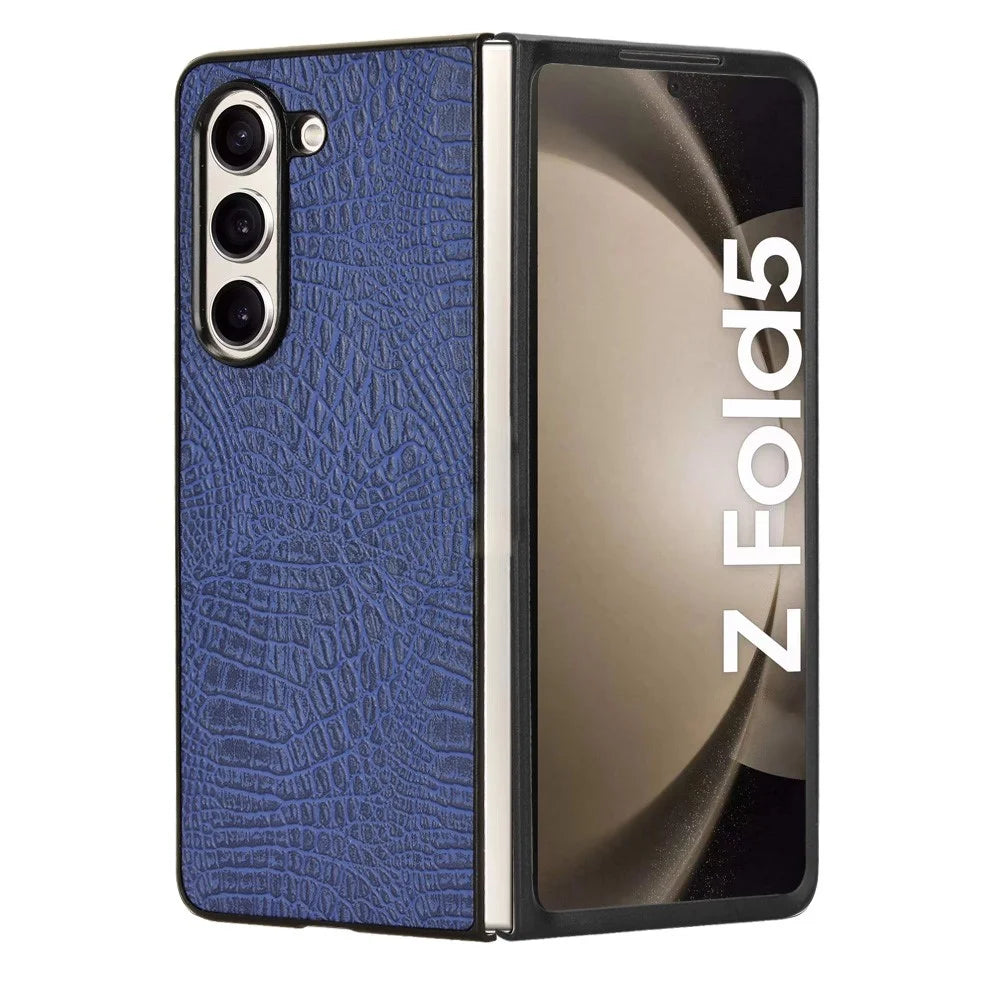 For Samsung Galaxy Z Fold5 5G Mobile Phone Cover Crocodile Texture PU Leather+PC Phone Case - Blue - 3