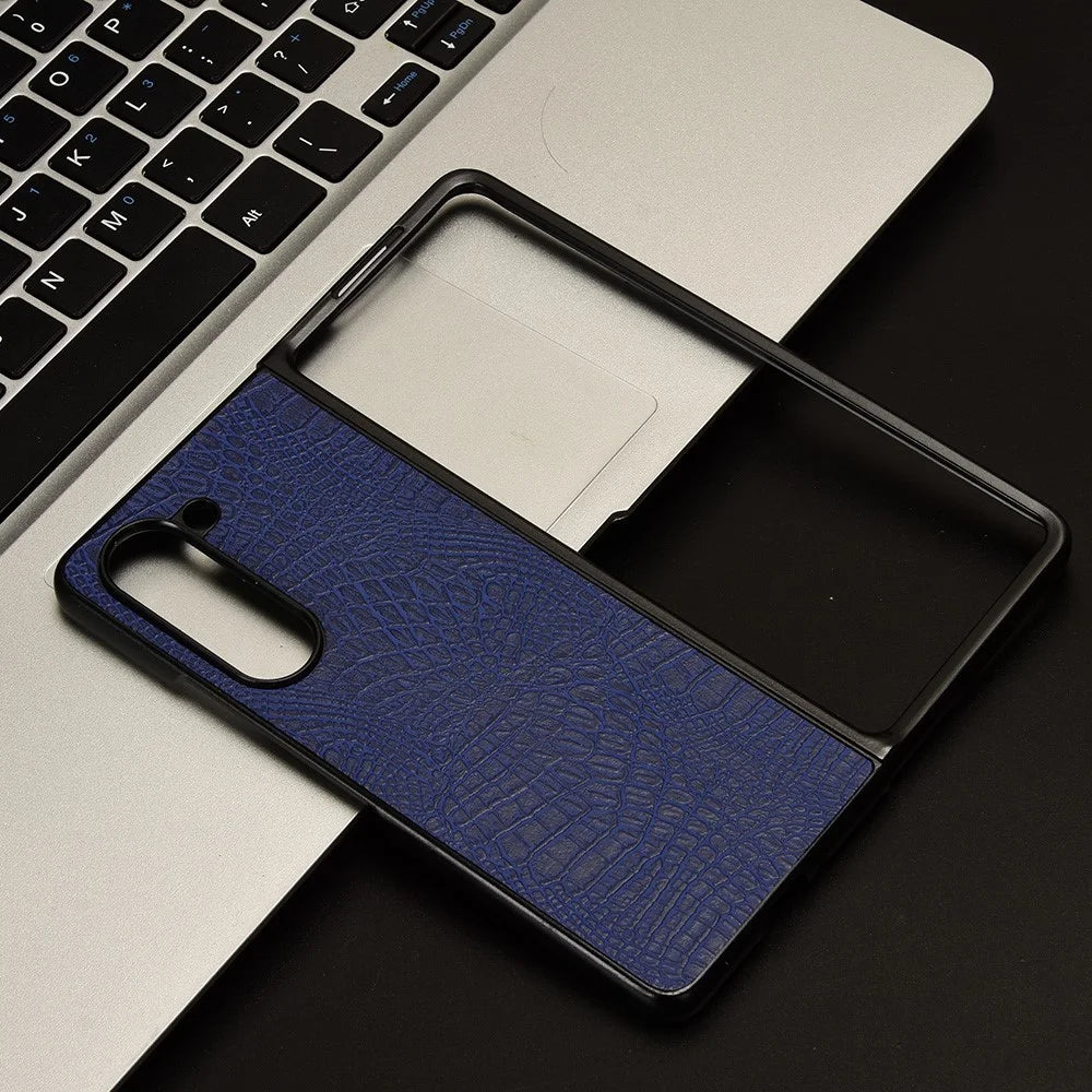 For Samsung Galaxy Z Fold5 5G Mobile Phone Cover Crocodile Texture PU Leather+PC Phone Case - Blue - 5