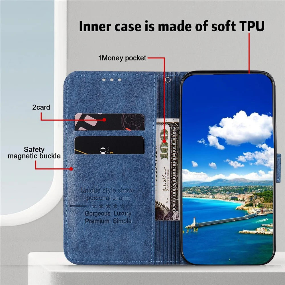 For Google Pixel 8 Pro Solid Color PU Leather Wallet Case Well-protected Cell Phone Stand Cover - Dark Blue - 2