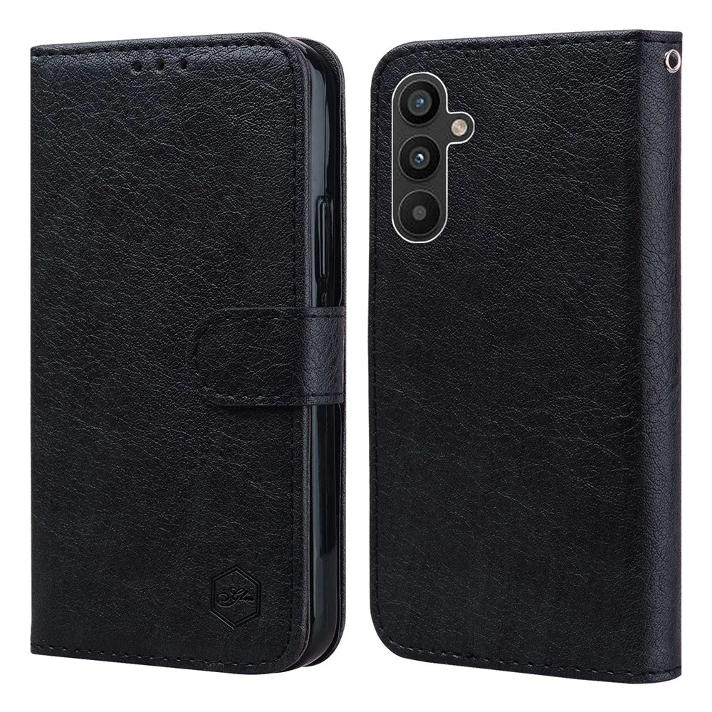 For Samsung Galaxy A34 5G Full Protection Solid Color PU Leather Wallet Case Cell Phone Stand Cover - Black - 1