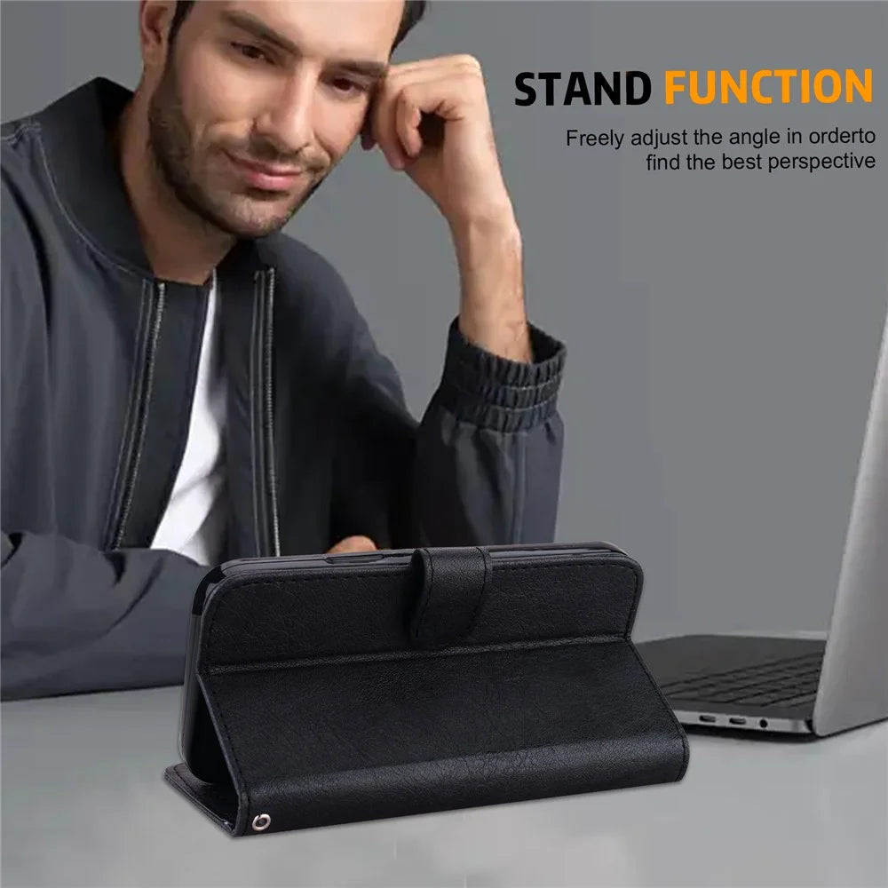 For Samsung Galaxy A34 5G Full Protection Solid Color PU Leather Wallet Case Cell Phone Stand Cover - Black - 5