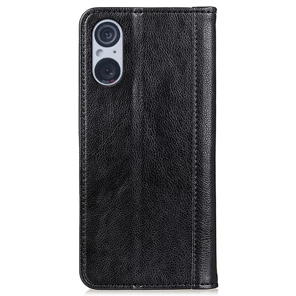 For Sony Xperia 5 V Split Leather Phone Case Wallet Stand Cover Litchi Texture Protection Shell - Black - 7