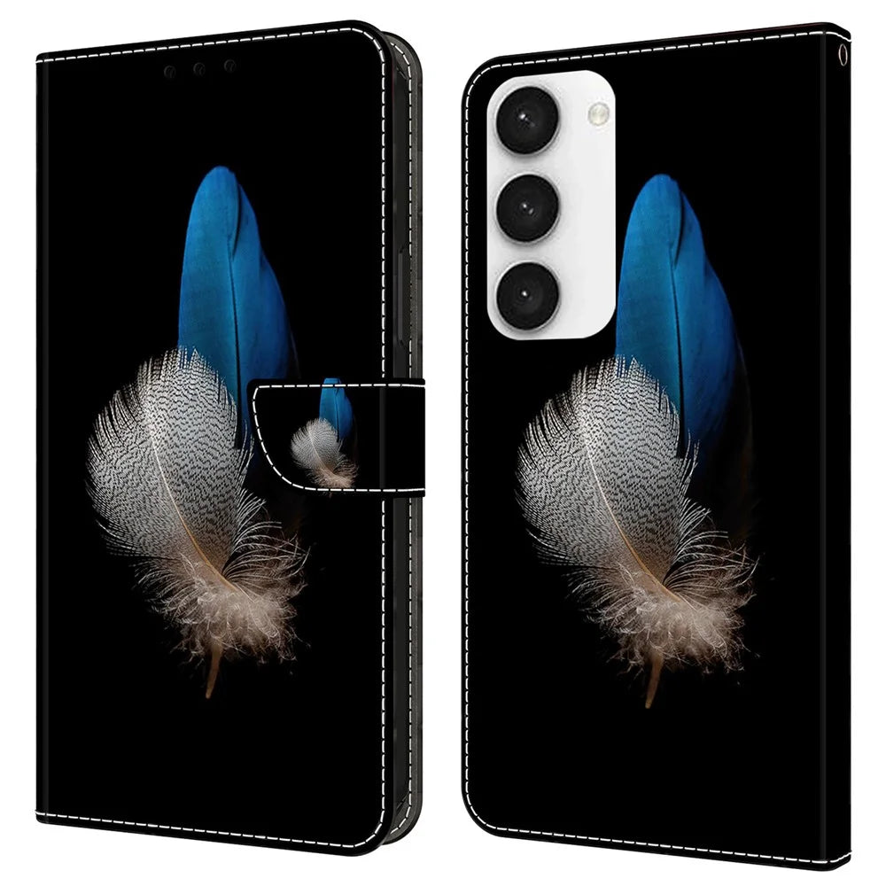 For Samsung Galaxy S23 FE Wallet Leather Phone Case 3D Pattern Printing Phone Stand Cover - Two Feathers - 1