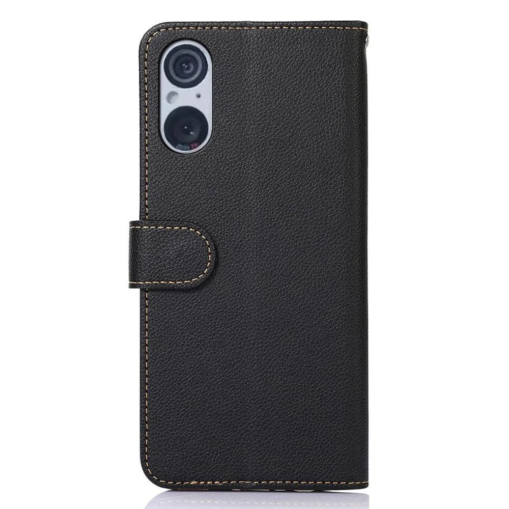 KHAZNEH RFID Blocking Case for Sony Xperia 5 V , Litchi Texture Phone Shell Wallet Stand Leather Cover - Black - 7