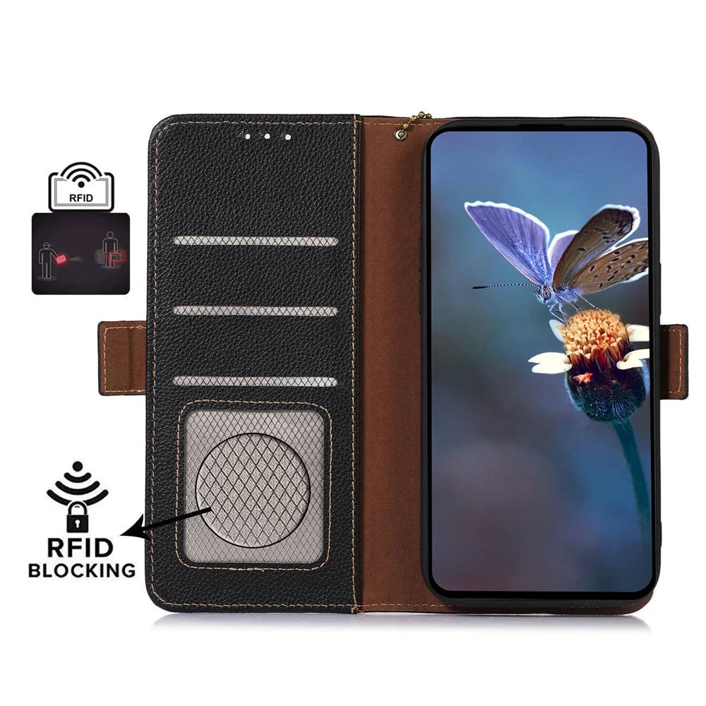 RFID Blocking Shell for Sony Xperia 5 V , Litchi Texture Genuine Cow Leather Phone Case Wallet Stand Cover - Black - 2