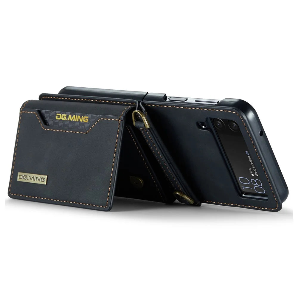 DG.MING M2 Series for Samsung Galaxy Z Flip4 5G Magnetic Leather+PC Phone Case Kickstand Wallet Cover with Shoulder Strap - Black - 3