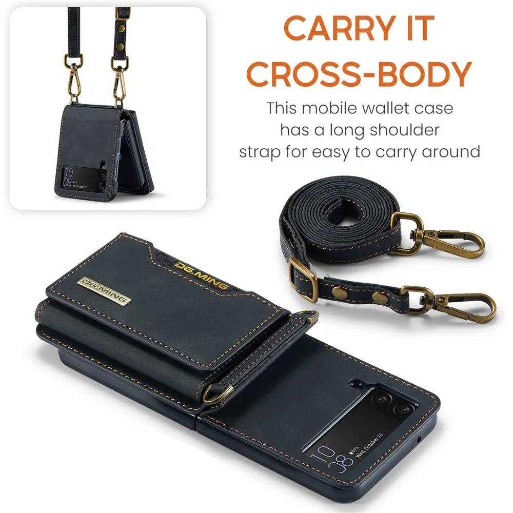 DG.MING M2 Series for Samsung Galaxy Z Flip4 5G Magnetic Leather+PC Phone Case Kickstand Wallet Cover with Shoulder Strap - Black - 6
